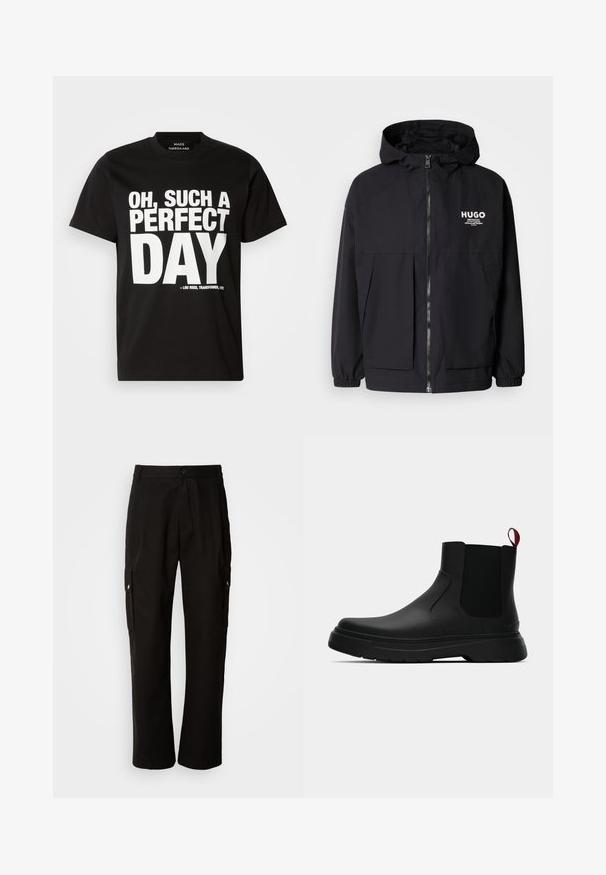 Chaqueta negra con capucha que presenta un cierre frontal completo, puños elásticos y dos bolsillos frontales. Logo impreso en el lado izquierdo del pecho. Textura suave.; Camiseta negra de manga corta hecha de algodón que presenta un atrevido texto blanco: "OH, QUÉ DÍA TAN PERFECTO" con una referencia al álbum de Lou Reed.; Pantalones cargo negros de algodón con un corte relajado, que cuentan con bolsillos laterales, cierre de botón y perneras rectas. Diseño simple sin patrones.; Botín negro con un acabado liso, paneles laterales elásticos y una lengüeta de tirón roja contrastante, que presenta una suela de goma gruesa y punta redondeada.