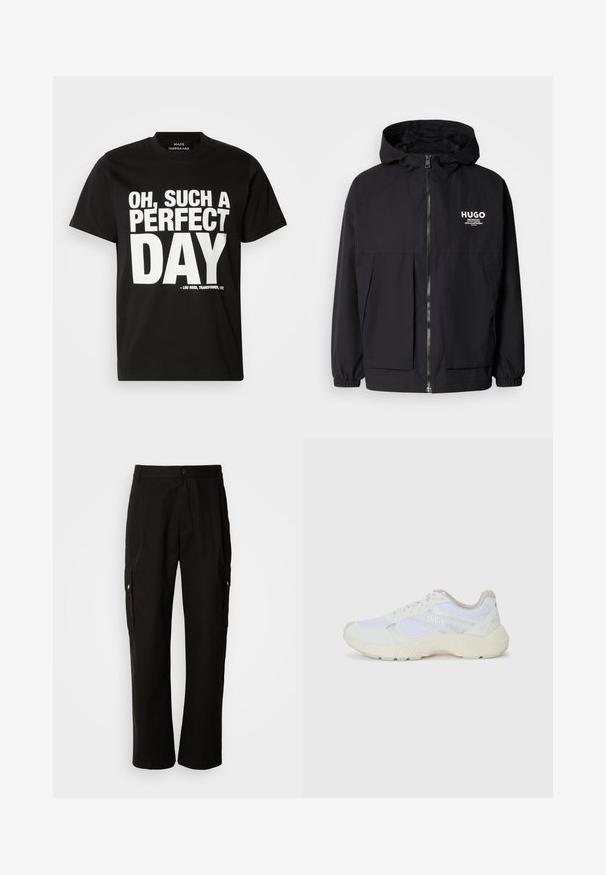 Zwarte hoodie-jack met een volledige rits aan de voorkant, elastische manchetten en twee voorzakken. Gedrukt logo op de linkerborst. Glad textuur.; Zwarte T-shirt met korte mouwen van katoen, versierd met vetgedrukte witte tekst: "OH, ZO'N PERFECTE DAG" met een verwijzing naar het album van Lou Reed.; Zwarte cargobroek van katoen met een relaxte pasvorm, voorzien van zijzakken, een knoopsluiting en rechte pijpen. Eenvoudig ontwerp zonder patronen.; Witte sportief schoenen van mesh en suede, met een gestructureerde tussenzool, gestructureerde accenten en het "HUGO" logo aan de zijkant.