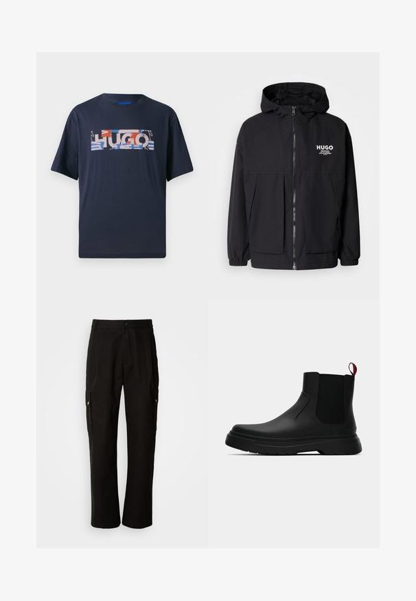 Must tumes jakk, millel on täispikktõmblukk, elastsed mansetid ja kaks esist pocketit. Prinditud logo vasakul rinnal. Sile tekstuur.; Tumesinine puuvillane T-särk lühikeste varrukatega, mille esiküljel on mitmevärviline "HUGO" graafiline disain erinevates kujundites ja mustrites.; Mustad mustadeks rõivasteks mõeldud puuvillased püksid, millel on lõdva istuvuse disain, küljetaskud, nööbiga sulgemine ja sirged sääred. Lihtne disain ilma mustriteta.; Mustad musta värvi ankle boot, millel on sile viimistlus, elastsed külgpaneelid ja kontrastne punane tõmbetaba. Saapadel on paks kummist tald ja ümar varvas.