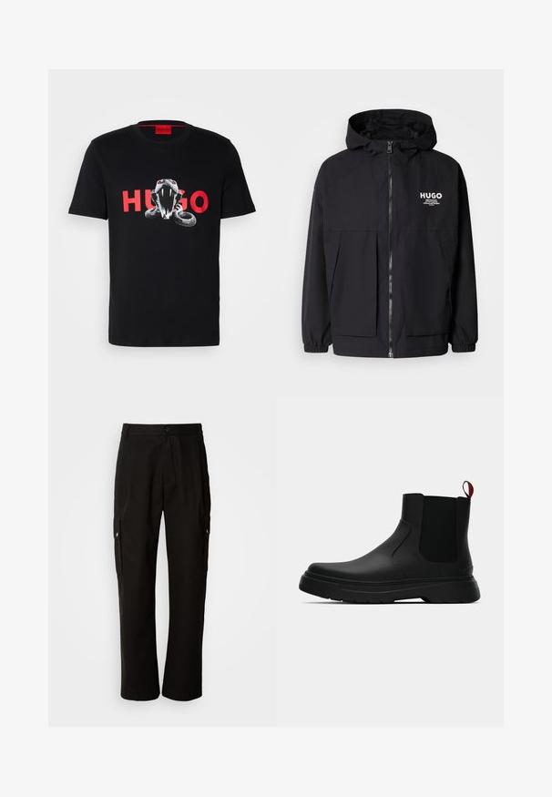 Čierna kapucňová bunda s plným predným zipsom, elastickými manžetami a dvojitými prednými vreckami. Tlačené logo na ľavej hrudi. Hladký povrch.; Čierne bavlnené tričko s potlačou hada v červených akcentoch a textom "HUGO" v tučných červených písmenách pod ním. Krátke rukávy, okrúhly výstrih.; Čierne cargo nohavice vyrobené z bavlny s voľným strihom, majú bočné vrecká, zapínanie na gombík a rovné nohavice. Jednoduchý dizajn bez vzorov.; Čierne členkové topánky s hladkým povrchom, elastickými bočnými panelmi a kontrastným červeným poutkom, vybavené hrubou gumovou podrážkou a zaoblenou špičkou.