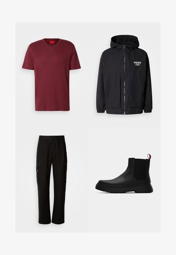 Black hooded jacket featuring a full front zip, elastic cuffs, and dual front pockets. Printed logo on the left chest. Smooth texture.; Plain short-sleeve crew neck T-shirt in dark red with small black "HUGO" logo on the left chest.; Black cargo pants made of cotton with a relaxed fit, featuring side pockets, a button closure, and straight legs. Simple design without patterns.; Black ankle boot with a smooth finish, elastic side panels, and a contrasting red pull tab, featuring a thick rubber sole and rounded toe.