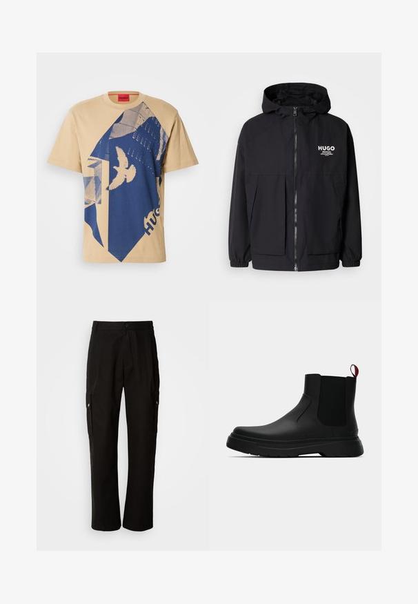 Črna kapuca jakna z full front zadrgo, elastičnimi manšetami in dvema sprednjima žepoma. Natisnjena logo na levi prsni strani. Gladka tekstura.; Bež majica iz bombaža z modrim geometrijskim vzorcem in motivom ptice. Rdeča oznaka z napisom "HUGO" na izrezu vratu. Kratki rokavi, okrogla ovratnica.; Črne cargo hlače iz bombaža z sproščenim krojem, opremljene s stranskimi žepi, gumbom za zapiranje in ravnimi nogami. Preprost dizajn brez vzorcev.; Črne gležnjarje z gladkim zaključkom, elastičnimi stranskimi paneli in kontrastnim rdečim izvlečnim trakom, ki vključujejo debel gumijast podplat in zaobljen nos.
