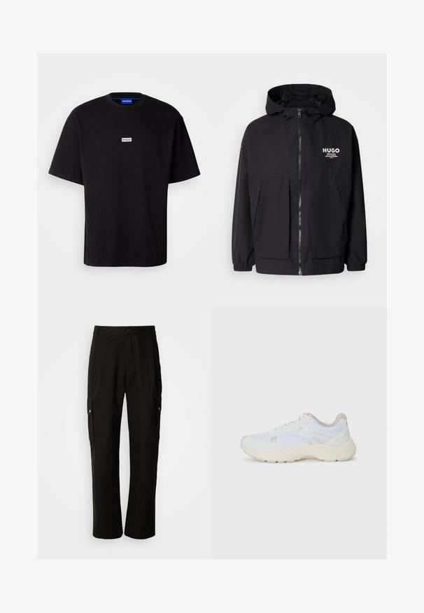 Chaqueta negra con capucha que presenta un cierre frontal completo, puños elásticos y dos bolsillos frontales. Logo impreso en el lado izquierdo del pecho. Textura suave.; Camiseta de algodón negra con cuello redondo, mangas cortas y un logo rectangular blanco "HUGO" en el pecho. Textura suave, corte relajado.; Pantalones cargo negros de algodón con un corte relajado, que cuentan con bolsillos laterales, cierre de botón y perneras rectas. Diseño simple sin patrones.; Zapatillas deportivas blancas hechas de malla y ante, con una entresuela texturizada, acentos texturizados y el logo "HUGO" en el lateral.