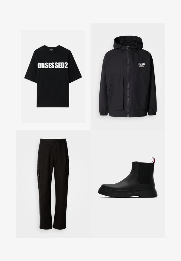 Zwarte hoodie-jack met een volledige rits aan de voorkant, elastische manchetten en twee voorzakken. Gedrukt logo op de linkerborst. Glad textuur.; Zwarte katoenen T-shirt met grote witte "OBSESSED2" tekst op de voorkant, ronde halslijn en korte mouwen. Standaard pasvorm met een gladde textuur.; Zwarte cargobroek van katoen met een relaxte pasvorm, voorzien van zijzakken, een knoopsluiting en rechte pijpen. Eenvoudig ontwerp zonder patronen.; Zwarte enkelboot met een gladde afwerking, elastische zijpanelen en een contrasterende rode treklus, met een dikke rubberen zool en een afgeronde teen.
