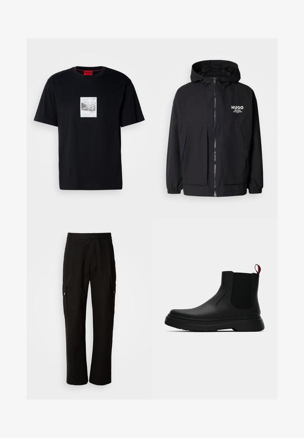 Svart hettegenser med full frontglidelås, elastiske mansjetter og doble frontlommer. Trykt logo på venstre bryst. Glatt tekstur.; Svart bomullst-skjorte med korte ermer, med et grafisk trykk i en hvit rektangulær ramme. Rød logo-akse på nederste høyre hjørne.; Svart cargobukse laget av bomull med avslappet passform, med sidelommer, knappeåpning og rette ben. Enkelt design uten mønstre.; Sorte ankelstøvler med en glat overflade, elastiske sidepaneler og en kontrastfyldt rød trækflik, med en tykk gummisål og rund tå.