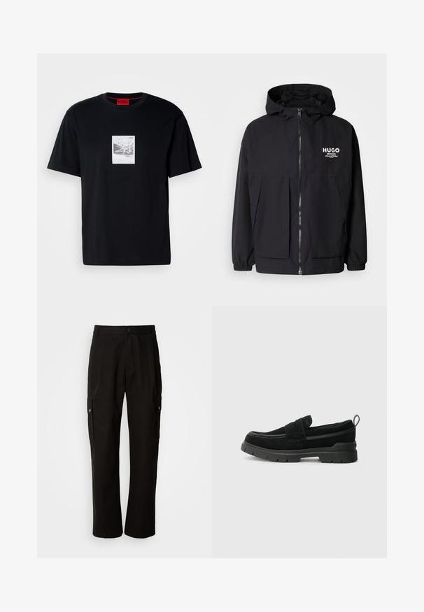 Μαύρο μπουφάν με κουκούλα που διαθέτει πλήρες μπροστινό φερμουάρ, ελαστικές μανσέτες και διπλές μπροστινές τσέπες. Εκτυπωμένο λογότυπο στο αριστερό στήθος. Απαλή υφή.; Μαύρο βαμβακερό t-shirt με κοντά μανίκια, που διαθέτει γραφικό σχέδιο σε λευκό ορθογώνιο πλαίσιο. Κόκκινο λογότυπο στη κάτω δεξιά γωνία.; Μαύρο cargo παντελόνι από βαμβάκι με χαλαρή εφαρμογή, διαθέτει πλαϊνές τσέπες, κλείσιμο με κουμπί και ίσια πόδια. Απλό σχέδιο χωρίς μοτίβα.; Μαύρα σουέτ μποτάκια χωρίς κορδόνια με παχιά μαύρη ελαστική σόλα, διαθέτουν κορυφαία λωρίδα και αντίθετες ραφές.