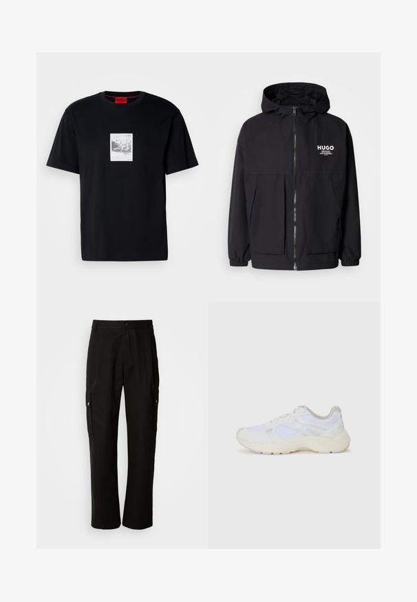 Zwarte hoodie-jack met een volledige rits aan de voorkant, elastische manchetten en twee voorzakken. Gedrukt logo op de linkerborst. Glad textuur.; Zwarte katoenen t-shirt met korte mouwen, voorzien van een grafische print in een wit rechthoekig frame. Rode logo-accent aan de rechteronderkant.; Zwarte cargobroek van katoen met een relaxte pasvorm, voorzien van zijzakken, een knoopsluiting en rechte pijpen. Eenvoudig ontwerp zonder patronen.; Witte sportief schoenen van mesh en suede, met een gestructureerde tussenzool, gestructureerde accenten en het "HUGO" logo aan de zijkant.