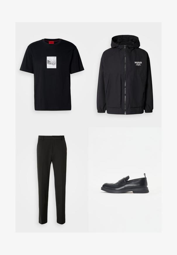 Melnā kapuce jaka ar pilnu priekšējo rāvējslēdzēju, elastīgām piedurknēm un divām priekšējām kabatām. Izdrukāts logo kreisajā krūtī. Gluda tekstūra.; Melna kokvilnas T-krekls ar īsām piedurknēm, ar grafisku apdruku baltā taisnstūra rāmī. Sarkanā logo akcenta pievienojums apakšējā labajā stūrī.; Melnas bikses no gludas auduma ar taisnām kājām, pogu aizdari un klasisku dizainu, kas piemērots gan formālai, gan ikdienišķai valkāšanai.; Melnas ādas loafers kurpes ar noapaļotu purngalu, priekšējo siksnu detaļu un zemu gumijas zoli. Iekļauj diskrētu šuvēm un aizmugurējo cilpu.