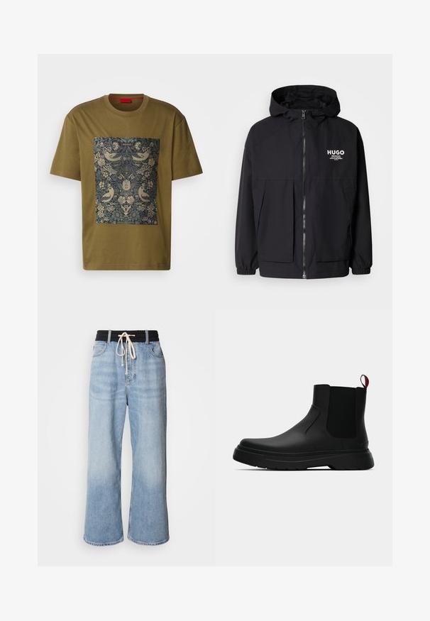 Must tumes jakk, millel on täispikktõmblukk, elastsed mansetid ja kaks esist pocketit. Prinditud logo vasakul rinnal. Sile tekstuur.; Oliivroheline puuvillane T-särk, millel on ristkülikukujuline graafikatrükk, millel on detailne lille- ja linnudisain tumedates sinistes ja kuldsetes toonides.; Heledad sinised laiad püksid musta elastse vöökoha ja nööri sulgemisega, klassikalise viie taskuga disain.; Mustad musta värvi ankle boot, millel on sile viimistlus, elastsed külgpaneelid ja kontrastne punane tõmbetaba. Saapadel on paks kummist tald ja ümar varvas.