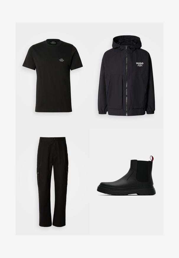 Giacca nera con cappuccio caratterizzata da una zip frontale completa, polsini elasticizzati e due tasche frontali. Logo stampato sul lato sinistro del petto. Texture liscia.; T-shirt in cotone nero con maniche corte, colletto tondo e un piccolo logo bianco sul lato sinistro del petto. Tessuto morbido e vestibilità classica.; Pantaloni cargo neri in cotone con vestibilità comoda, dotati di tasche laterali, chiusura a bottone e gambe dritti. Design semplice senza motivi.; Stivale alla caviglia nero con finitura liscia, pannelli laterali elastici e un tab di presa rosso a contrasto, dotato di una suola in gomma spessa e punta arrotondata.