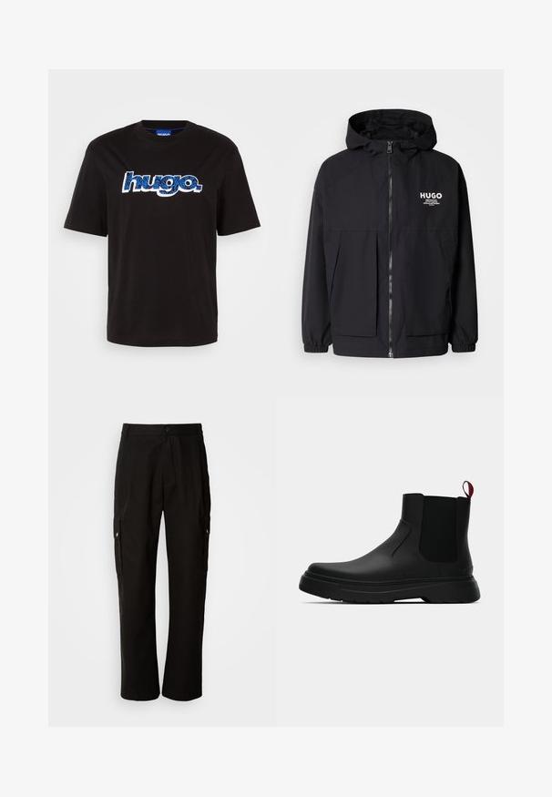 Must tumes jakk, millel on täispikktõmblukk, elastsed mansetid ja kaks esist pocketit. Prinditud logo vasakul rinnal. Sile tekstuur.; Must tume musta puuvillane t-särk, millel on sinine "hugo." logo mustriga kujundusega. Lühikesed varrukad ja ümberkaudne kaelus.; Mustad mustadeks rõivasteks mõeldud puuvillased püksid, millel on lõdva istuvuse disain, küljetaskud, nööbiga sulgemine ja sirged sääred. Lihtne disain ilma mustriteta.; Mustad musta värvi ankle boot, millel on sile viimistlus, elastsed külgpaneelid ja kontrastne punane tõmbetaba. Saapadel on paks kummist tald ja ümar varvas.