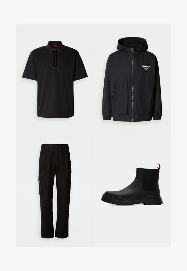 Must tumes jakk, millel on täispikktõmblukk, elastsed mansetid ja kaks esist pocketit. Prinditud logo vasakul rinnal. Sile tekstuur.; Must küllane polosärk, millel on lukuga krae, lühikesed varrukad ja peenelt reljeefne "HUGO" logo ees. Sile ja kerge kangas.; Mustad mustadeks rõivasteks mõeldud puuvillased püksid, millel on lõdva istuvuse disain, küljetaskud, nööbiga sulgemine ja sirged sääred. Lihtne disain ilma mustriteta.; Mustad musta värvi ankle boot, millel on sile viimistlus, elastsed külgpaneelid ja kontrastne punane tõmbetaba. Saapadel on paks kummist tald ja ümar varvas.