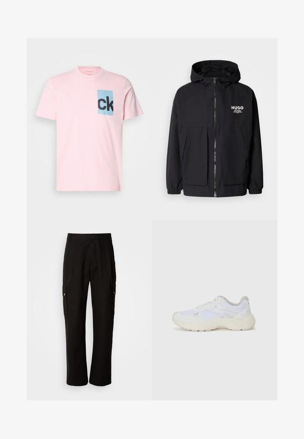 Black hooded jacket featuring a full front zip, elastic cuffs, and dual front pockets. Printed logo on the left chest. Smooth texture.; Pink cotton T-shirt featuring a blue rectangular patch with black "ck" lettering. Short sleeves and a round neckline. Smooth texture.; Black cargo pants made of cotton with a relaxed fit, featuring side pockets, a button closure, and straight legs. Simple design without patterns.; White athletic shoes made of mesh and suede, featuring a textured midsole, textured accents, and "HUGO" logo on the side.