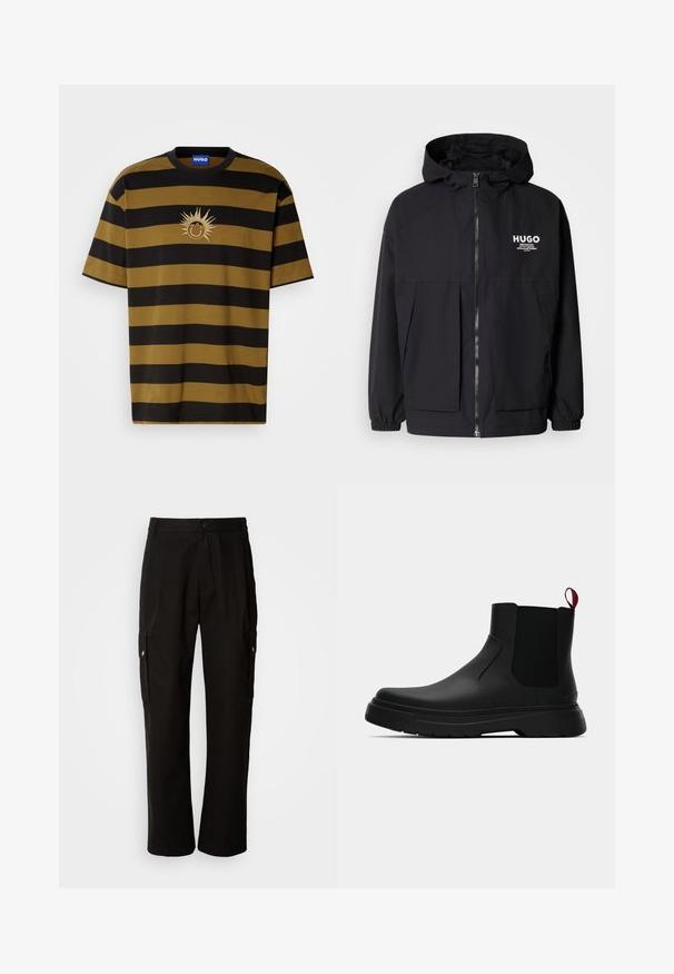 Chaqueta negra con capucha que presenta un cierre frontal completo, puños elásticos y dos bolsillos frontales. Logo impreso en el lado izquierdo del pecho. Textura suave.; Camiseta de manga corta a rayas en negro y verde oliva oscuro, con un gráfico de sol y la marca "HUGO" bordada en crema.; Pantalones cargo negros de algodón con un corte relajado, que cuentan con bolsillos laterales, cierre de botón y perneras rectas. Diseño simple sin patrones.; Botín negro con un acabado liso, paneles laterales elásticos y una lengüeta de tirón roja contrastante, que presenta una suela de goma gruesa y punta redondeada.
