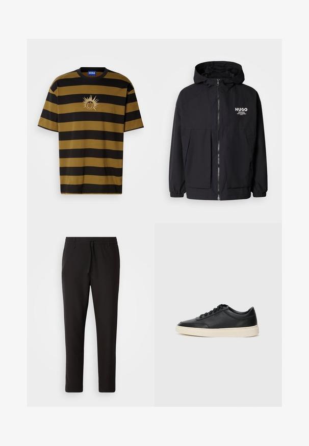 Black hooded jacket featuring a full front zip, elastic cuffs, and dual front pockets. Printed logo on the left chest. Smooth texture.; Striped short-sleeve t-shirt in black and dark olive green, featuring a sun graphic and "HUGO" branding in cream embroidery.; Black jogger pants made of smooth fabric. Feature an elastic waistband with a drawstring, tapered legs, and no visible pockets. Simple design.; Black low-top leather sneaker with black laces and off-white sole shown in side profile on white background.