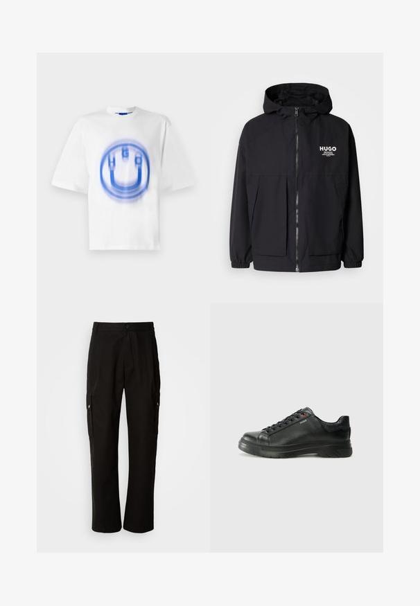 Melnā kapuce jaka ar pilnu priekšējo rāvējslēdzēju, elastīgām piedurknēm un divām priekšējām kabatām. Izdrukāts logo kreisajā krūtī. Gluda tekstūra.; Balts kokvilnas T-krekls ar zilu grafisko dizainu, kurā redzamas burtu "HUGO" un apļa forma, ar nedaudz izplūdušu efektu.; Melnas kokvilnas kravas bikses ar brīvu piegriezumu, ar sānu kabatām, pogu aizdari un taisnām kājām. Vienkāršs dizains bez rakstiem.; Melnas ādas sporta kedas ar teksturētu virsu, mīkstinātu apmalu un sarkanu logotipa detaļu. Iezīmējas ar biezu gumijas zoli ar izteiktu rakstu.