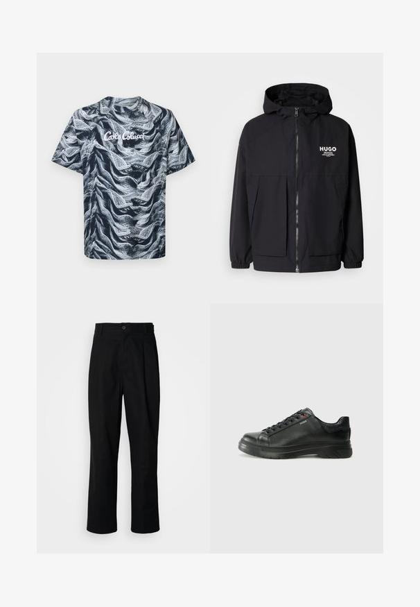 Zwarte hoodie-jack met een volledige rits aan de voorkant, elastische manchetten en twee voorzakken. Gedrukt logo op de linkerborst. Glad textuur.; Korte mouw, ronde hals t-shirt met een gestructureerd abstract patroon in zwart en wit, met "Cabo Colucci" in wit gedrukt.; Zwarte rechte broek met een knoopsluiting, lusjes voor een riem en een voornaad, gepresenteerd tegen een effen witte achtergrond.; Zwarte leren sneaker met een gestructureerde bovenkant, gevoerde kraag en rode logo-details. Heeft een dikke rubberen zool met een opvallend loopvlakpatroon.