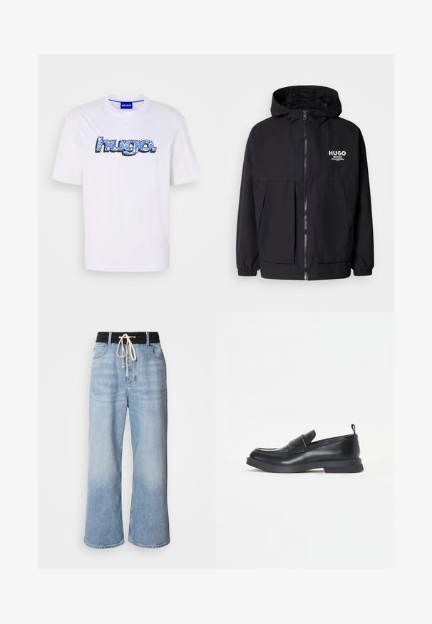 Svart hettegenser med full frontglidelås, elastiske mansjetter og doble frontlommer. Trykt logo på venstre bryst. Glatt tekstur.; Hvit bomull T-skjorte med et stort, stilisert "hugo"-logo i blått og svart, med blomsterdesign. Rund hals og kortermede.; Lyseblå vide jeans med svart elastisk midje, som har snøring og klassisk fem-lommers design.; Sorte skinnloafers med rund tå, detalj med frontstropp og lav gummisåle. Har diskret søm og en bakre trekkstropp.