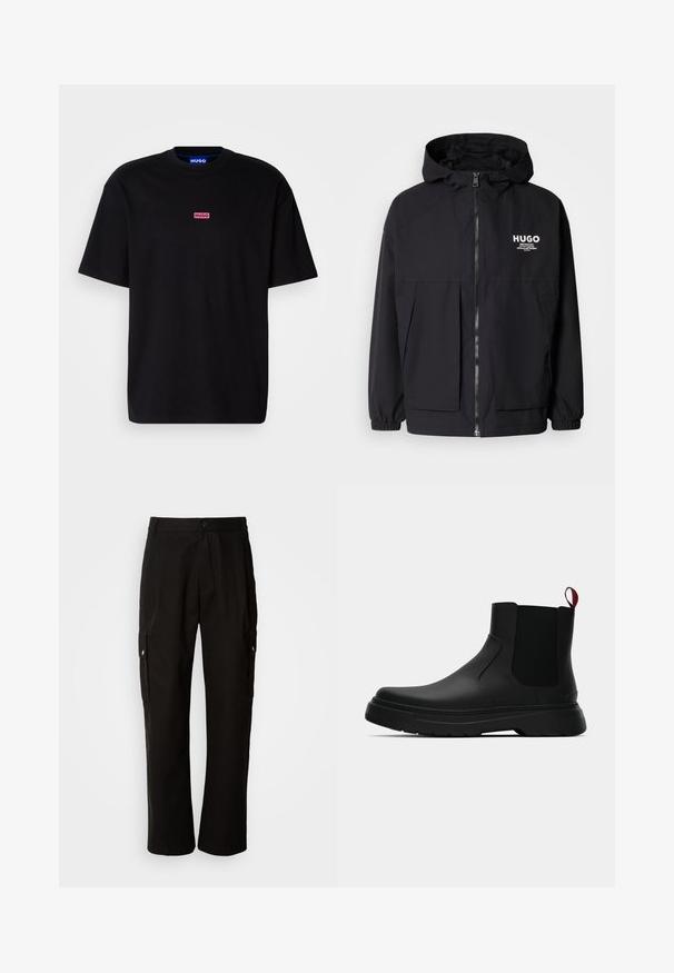 Juodas gobtuvas striukė su pilnu priekiniu užtrauktuku, elastinėmis rankovėmis ir dviem priekinėmis kišenėmis. Spausdintas logo ant kairės krūtinės. Lygus tekstūruotas paviršius.; Juodas medvilninis marškinėliai su apvalia iškirpte, trumpomis rankovėmis ir rožine stačiakampė "HUGO" logotipu krūtinėje.; Juodos krovinių kelnės, pagamintos iš medvilnės, laisvo kirpimo, su šoninėmis kišenėmis, mygtuko uždarymu ir tiesiomis kojomis. Paprastas dizainas, be raštų.; Juodas kulkšninis batas su lygiu paviršiumi, elastiniais šonų intarpais ir kontrastingu raudonu kilimėliu, turintis storą guminį pado ir apvalią nosį.