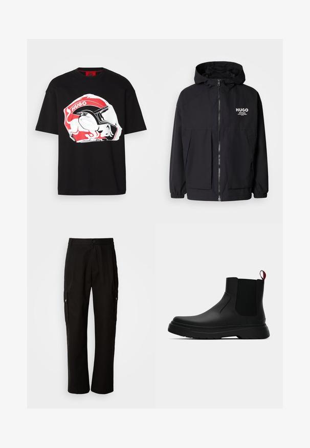 Melnā kapuce jaka ar pilnu priekšējo rāvējslēdzēju, elastīgām piedurknēm un divām priekšējām kabatām. Izdrukāts logo kreisajā krūtī. Gluda tekstūra.; Melnas kokvilnas T-krekls ar lielu sarkanu un balto grafiku, kurā attēlots ķivere ar tekstu "HUGO". Brīva piegriezuma un īsām piedurknēm.; Melnas kokvilnas kravas bikses ar brīvu piegriezumu, ar sānu kabatām, pogu aizdari un taisnām kājām. Vienkāršs dizains bez rakstiem.; Melnas potītes ar gludu apdari, elastīgiem sānu paneļiem un kontrastējošu sarkano cilpu, aprīkotas ar biezu gumijas zoli un noapaļotu purngalu.
