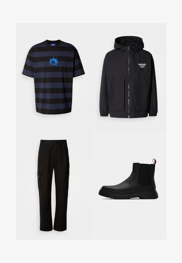 Juodas gobtuvas striukė su pilnu priekiniu užtrauktuku, elastinėmis rankovėmis ir dviem priekinėmis kišenėmis. Spausdintas logo ant kairės krūtinės. Lygus tekstūruotas paviršius.; Juodas ir tamsiai mėlynas dryžuotas marškinėliai su apvalia iškirpte. Su mėlynos spalvos šypsenėle, kuri turi spygliuotus akcentus. Pagamintas iš minkštos medžiagos.; Juodos krovinių kelnės, pagamintos iš medvilnės, laisvo kirpimo, su šoninėmis kišenėmis, mygtuko uždarymu ir tiesiomis kojomis. Paprastas dizainas, be raštų.; Juodas kulkšninis batas su lygiu paviršiumi, elastiniais šonų intarpais ir kontrastingu raudonu kilimėliu, turintis storą guminį pado ir apvalią nosį.