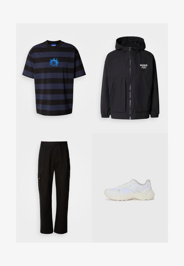 Svart huva jacka med full dragkedja fram, elastiska ärmslut och dubbla framfickor. Tryckt logotyp på vänster bröst. Slät textur.; Svart och marinrandig T-shirt med rund halsringning. Har en blå smiley-ansikte grafik med spetsiga detaljer. Tillverkad av mjukt tyg.; Svarta cargobyxor i bomull med avslappnad passform, utrustade med sidofickor, knapplås och raka ben. Enkelt design utan mönster.; Vitaidrottsskor i mesh och mocka med en strukturerad mellansula, texturerade accenter och "HUGO"-logotypen på sidan.