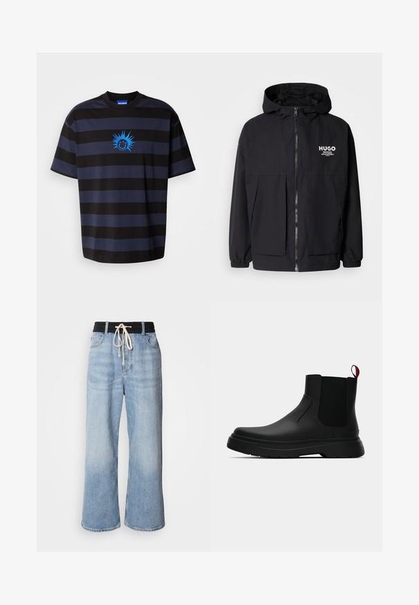 Black hooded jacket featuring a full front zip, elastic cuffs, and dual front pockets. Printed logo on the left chest. Smooth texture.; Black and navy striped T-shirt with a crew neck. Features a blue smiley face graphic with spiky accents. Made of soft fabric.; Light blue wide-leg jeans with a black elastic waistband, featuring a drawstring closure and classic five-pocket design.; Black ankle boot with a smooth finish, elastic side panels, and a contrasting red pull tab, featuring a thick rubber sole and rounded toe.