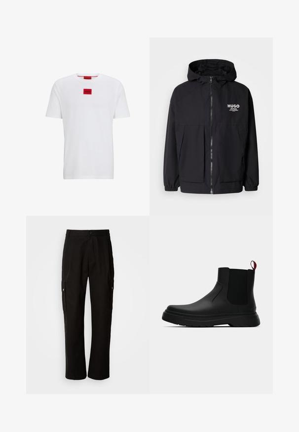 Svart huva jacka med full dragkedja fram, elastiska ärmslut och dubbla framfickor. Tryckt logotyp på vänster bröst. Slät textur.; Vit bomullströja med korta ärmar, med en röd fyrkantig logotypapplikation i mitten och rund halsringning.; Svarta cargobyxor i bomull med avslappnad passform, utrustade med sidofickor, knapplås och raka ben. Enkelt design utan mönster.; Svarta ankelstövlar med en slät yta, elastiska sidopaneler och en kontrasterande röd dragflik, med en tjock gummisula och rund tå.