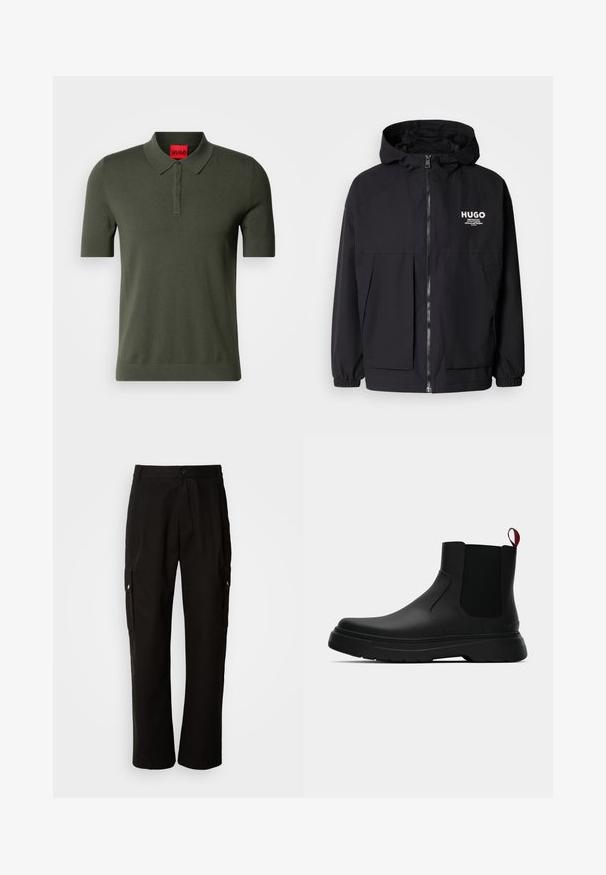 Mustat hupparitakki, jossa on täysipituinen vetoketju, joustavat hihansuut ja kaksinkertaiset etupussit. Vasemmassa rinnassa painettu logo. Sileä tekstuuri.; Polo shirt lühikeste varrukatega oliivrohelise värviga, valmistatud kudumiskangast. Omab pehmeid kaeluseid, kolme nupu plaani ja punast logo sildi kaeluses.; Mustat cargo-housut puuvillasta, joissa on rento istuvuus, sivutaskut, nappikiinnitys ja suorat lahkeet. Yksinkertainen muotoilu ilman kuvioita.; Musta nilkkuri, jossa on sileä pinta, elastiset sivupaneelit ja erottuva punainen vetonauha, paksu kumipohja ja pyöristetty varvas.