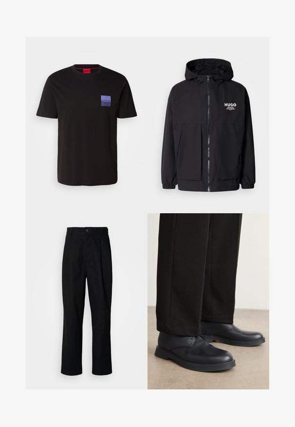 Sort hættejakke med lynlås foran, elastiske manchetter og to foran lommer. Trykt logo på venstre bryst. Glat tekstur.; Sort bomuld t-shirt med korte ærmer. Har et lilla firkantet logo på venstre brystområde og et rødt mærke ved halsudskæringen.; Sorte lige ben bukser med en knaplukket talje, bæltestropper og en frontfold, præsenteret mod en ensfarvet hvid baggrund.; Sorte lædersko med rund tå, flad sål og minimal udsmykning. Sammen med skræddersyede sorte bukser, der viser en glat tekstur.