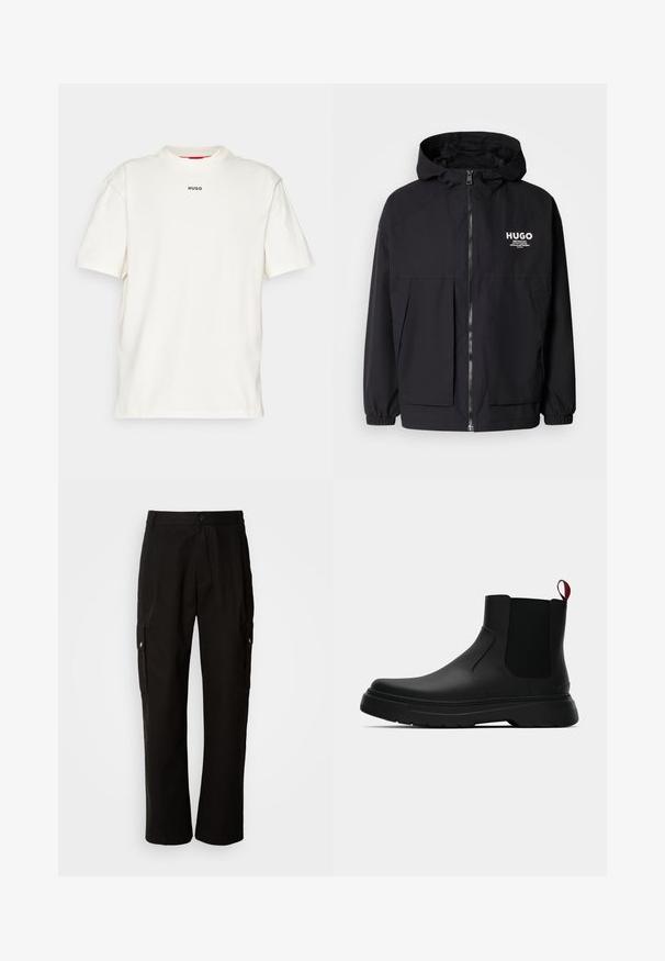 Čierna kapucňová bunda s plným predným zipsom, elastickými manžetami a dvojitými prednými vreckami. Tlačené logo na ľavej hrudi. Hladký povrch.; HUGO DAPOLINO - Základné tričko - open white; Čierne cargo nohavice vyrobené z bavlny s voľným strihom, majú bočné vrecká, zapínanie na gombík a rovné nohavice. Jednoduchý dizajn bez vzorov.; Čierne členkové topánky s hladkým povrchom, elastickými bočnými panelmi a kontrastným červeným poutkom, vybavené hrubou gumovou podrážkou a zaoblenou špičkou.
