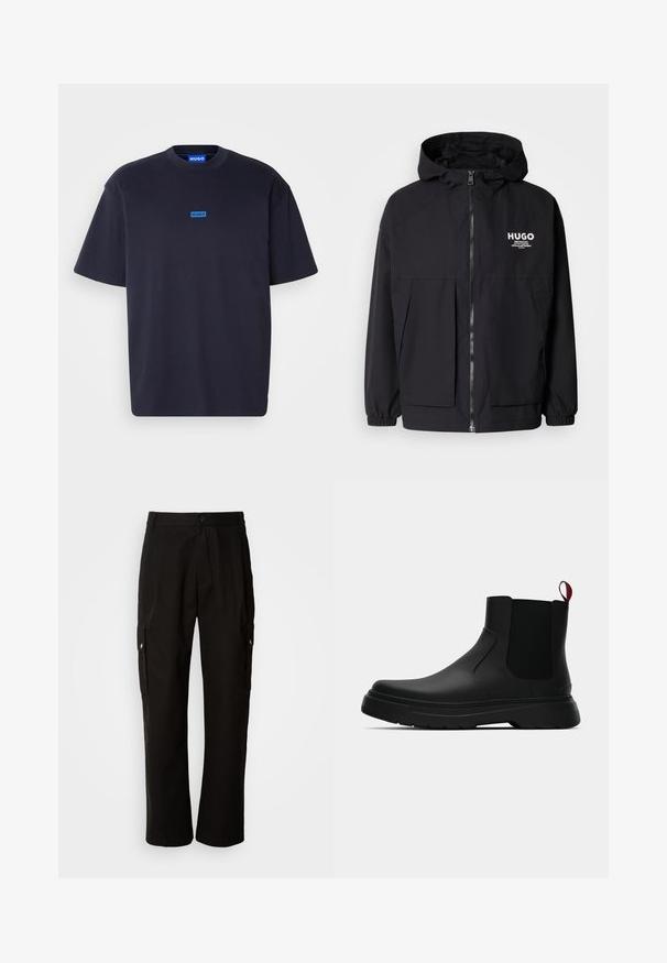 Černá kapucňová bunda s plným předním zipem, elastickými manžetami a dvojitými předními kapsami. Tištěné logo na levém prsu. Hladká textura.; HUGO NALONO - Triko s potiskem - dark blue; Černé cargo kalhoty vyrobené z bavlny s uvolněným střihem, vybavené bočními kapsami, zapínáním na knoflík a rovnými nohavicemi. Jednoduchý design bez vzorů.; Černé kotníkové boty s hladkým povrchem, elastickými bočními panely a kontrastním červeným poutkem, s tlustou gumovou podrážkou a zaoblenou špičkou.