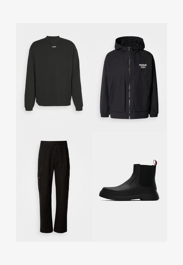 Fekete kapucnis dzseki, teljes elülső cipzárral, elasztikus mandzsettákkal és két elülső zsebbel. Nyomtatott logó a bal mellen. Simább textúra.; Fekete, hosszú ujjú pamut pulóver, magas nyakkivágással, amelyen fehér színű "HUGO" felirat található a mellen.; Fekete vászont nadrág laza szabással, oldalsó zsebekkel, gombos záródással és egyenes lábakkal. Egyszerű minta nélküli design.; Fekete bokacipő sima felülettel, ruganyos oldalsó panelek és kontrasztos piros húzópánt jellemzi, vastag gumitalppal és lekerekített orral.