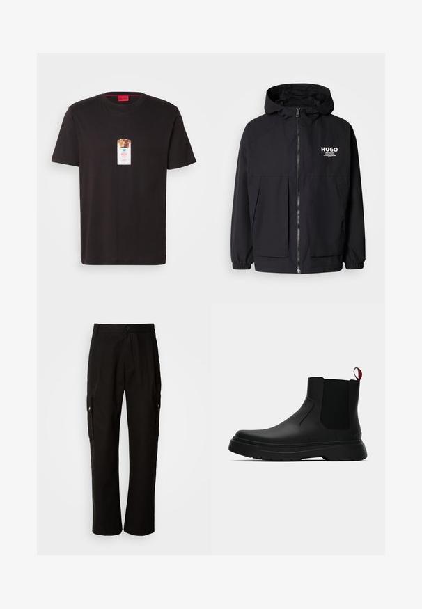 Juodas gobtuvas striukė su pilnu priekiniu užtrauktuku, elastinėmis rankovėmis ir dviem priekinėmis kišenėmis. Spausdintas logo ant kairės krūtinės. Lygus tekstūruotas paviršius.; Juodas medvilnės marškinėlis su liūto grafinio dizaino atvaizdu, kuris yra viduje skardinės. Etiketėje yra prekės ženklas "HUGO" mėlyna ir balta spalvomis.; Juodos krovinių kelnės, pagamintos iš medvilnės, laisvo kirpimo, su šoninėmis kišenėmis, mygtuko uždarymu ir tiesiomis kojomis. Paprastas dizainas, be raštų.; Juodas kulkšninis batas su lygiu paviršiumi, elastiniais šonų intarpais ir kontrastingu raudonu kilimėliu, turintis storą guminį pado ir apvalią nosį.