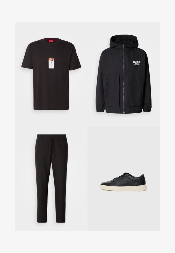 Mustat hupparitakki, jossa on täysipituinen vetoketju, joustavat hihansuut ja kaksinkertaiset etupussit. Vasemmassa rinnassa painettu logo. Sileä tekstuuri.; Mustat puuvillapaita, jossa on graafinen kuva leijonasta purkin sisällä. Merkillä on "HUGO"-brändin nimi sinisessä ja valkoisessa.; Juoksuhousut mustasta sileästä kankaasta. Varustettu elastisella vyötärönauhalla ja nyörillä, supistuvat lahkeet ja ei näkyviä taskuja. Yksinkertainen muotoilu.; Musta matalavartinen nahkastretchu, jossa on mustat nauhat ja vaaleanharmaa pohja, esitetty sivuprofiilissa valkoista taustaa vasten.
