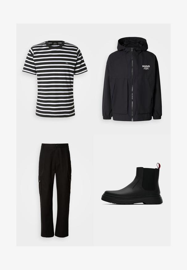 Sort hættejakke med lynlås foran, elastiske manchetter og to foran lommer. Trykt logo på venstre bryst. Glat tekstur.; Stribet t-shirt i sort og hvid med rund hals, korte ærmer og et lille broderet "MN" på forsiden. Lavet af blødt bomuldsstof.; Sorte cargo bukser lavet af bomuld med en afslappet pasform, der har sidelommer, knaplukning og lige ben. Enkel design uden mønstre.; Sort ankelstøvle med en glat overflade, elastiske sidepaneler og en kontrasterende rød træksløjfe, der har en tyk gummisål og rund tå.