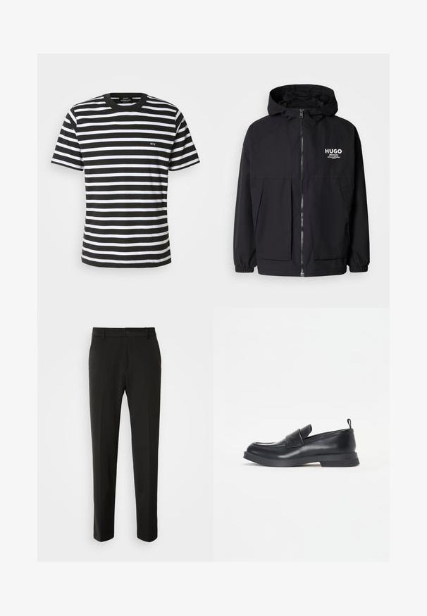 Must tumes jakk, millel on täispikktõmblukk, elastsed mansetid ja kaks esist pocketit. Prinditud logo vasakul rinnal. Sile tekstuur.; Mustvalge triiburõivas, millel on ümar kaelus, lühikesed varrukad ja väike tikitud "MN" ees. Valmistatud pehmest puuvillakangast.; Mustad püksid siledast kangast, sirgete jalgadega, nupuvõtme sulgemisega ja klassikaline disain, sobiv nii ametlikeks kui ka igapäevasteks kandmiseks.; Mustad mustad kingad ümarate varvastega, esiosa rihmaga ja madala kummitaldiga. Hästi peene õmblusega ja taga on tõmblauad.