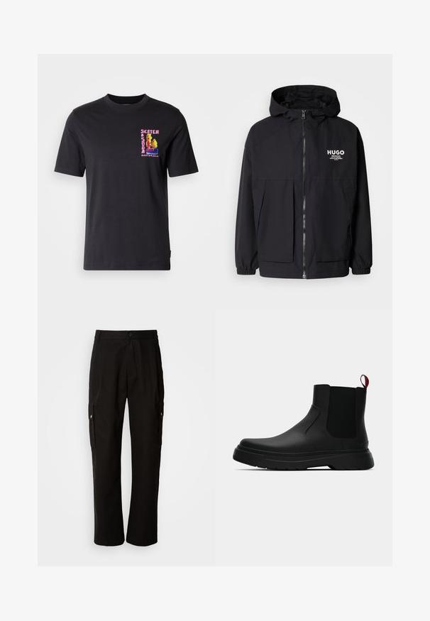 Chaqueta negra con capucha que presenta un cierre frontal completo, puños elásticos y dos bolsillos frontales. Logo impreso en el lado izquierdo del pecho. Textura suave.; Camiseta negra de manga corta con un gráfico bordado colorido en el lado izquierdo del pecho que dice "Scotch Amsterdam". Fabricada en suave algodón.; Pantalones cargo negros de algodón con un corte relajado, que cuentan con bolsillos laterales, cierre de botón y perneras rectas. Diseño simple sin patrones.; Botín negro con un acabado liso, paneles laterales elásticos y una lengüeta de tirón roja contrastante, que presenta una suela de goma gruesa y punta redondeada.
