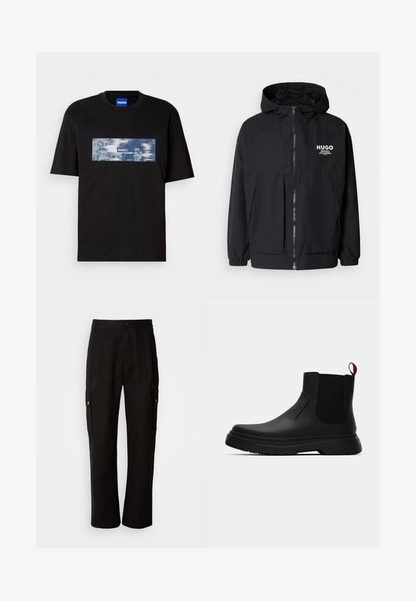 Juodas gobtuvas striukė su pilnu priekiniu užtrauktuku, elastinėmis rankovėmis ir dviem priekinėmis kišenėmis. Spausdintas logo ant kairės krūtinės. Lygus tekstūruotas paviršius.; Juodas trumpomis rankovėmis marškinėlis su mėlynu ir baltu stačiakampiu grafiniu elementu bei "HUGO" tekstu krūtinėje, ir mėlynas etiketė apykaklės viduje.; Juodos krovinių kelnės, pagamintos iš medvilnės, laisvo kirpimo, su šoninėmis kišenėmis, mygtuko uždarymu ir tiesiomis kojomis. Paprastas dizainas, be raštų.; Juodas kulkšninis batas su lygiu paviršiumi, elastiniais šonų intarpais ir kontrastingu raudonu kilimėliu, turintis storą guminį pado ir apvalią nosį.