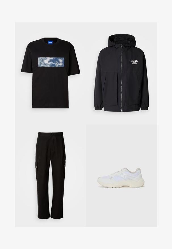 Czarna kurtka z kapturem z pełnym zamkiem z przodu, elastycznymi mankietami i podwójnymi kieszeniami z przodu. Drukowane logo na lewej piersi. Gładka faktura.; Czarna koszulka z krótkim rękawem z niebieską i białą prostokątną grafiką oraz napisem "HUGO" na klatce piersiowej, a także niebieską metką wewnątrz kołnierza.; Czarne spodnie cargo wykonane z bawełny, o luźnym kroju, z bocznymi kieszeniami, z zapięciem na guzik i prostymi nogawkami. Prosty design bez wzorów.; Białe sportowe buty wykonane z siateczki i zamszu, z teksturowaną podeszwą środkową, teksturowanymi akcentami i logo "HUGO" z boku.