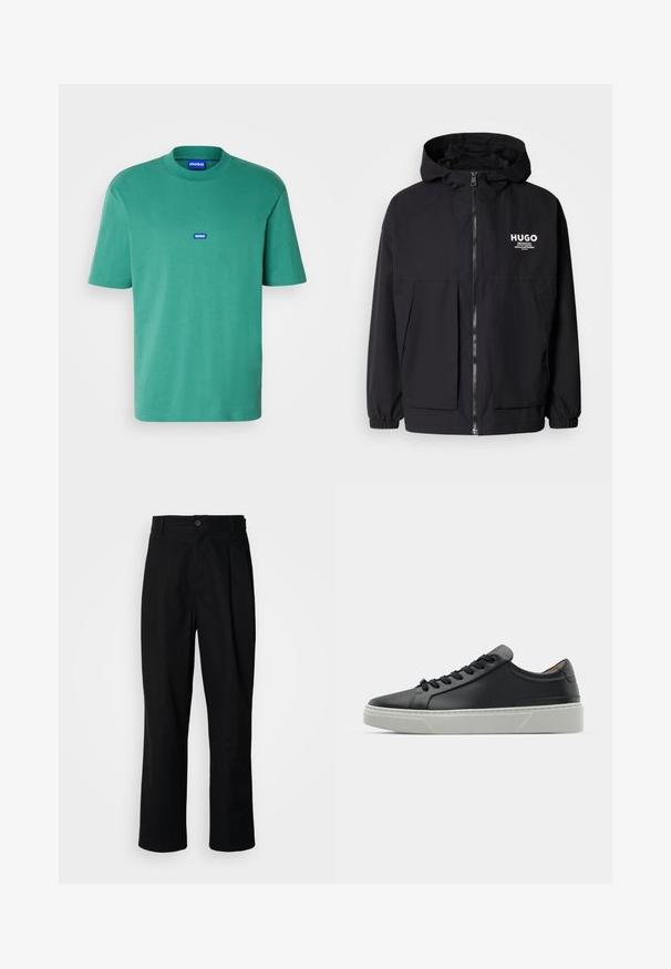 Schwarze Kapuzenjacke mit einem durchgehenden Reißverschluss an der Vorderseite, elastischen Bündchen und zwei vorderen Taschen. Bedrucktes Logo auf der linken Brust. Glatte Textur.; HUGO NIEROS - T-Shirt basic - open green; Schwarze gerade geschnittene Hosen mit einem Knopfverschluss, Gürtelschlaufen und Vorderfalten, vor einem schlichten weißen Hintergrund präsentiert.; Schwarze Ledersneaker mit glatter Textur, runder Zehenform und schwarzen Schnürsenkeln. Verfügt über eine dicke, weiße Gummisohle mit subtilen geometrischen Akzenten.
