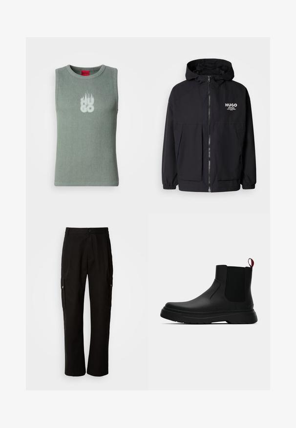 Μαύρο μπουφάν με κουκούλα που διαθέτει πλήρες μπροστινό φερμουάρ, ελαστικές μανσέτες και διπλές μπροστινές τσέπες. Εκτυπωμένο λογότυπο στο αριστερό στήθος. Απαλή υφή.; Αμάνικο ραμμένο αμάνικο τοπ σε ανοιχτό πράσινο, με μια διακριτική λευκή σχεδίαση λογότυπου. Φτιαγμένο από μαλακό ύφασμα με εφαρμοστή γραμμή και στρογγυλή λαιμόκοψη.; Μαύρο cargo παντελόνι από βαμβάκι με χαλαρή εφαρμογή, διαθέτει πλαϊνές τσέπες, κλείσιμο με κουμπί και ίσια πόδια. Απλό σχέδιο χωρίς μοτίβα.; Μαύρη αστράγαλη μποτάκι με λείο φινίρισμα, ελαστικές πλευρικές πάνελ και εναν αντίθετο κόκκινο χερούλι, με παχιά καουτσούκ σόλα και στρογγυλή μύτη.