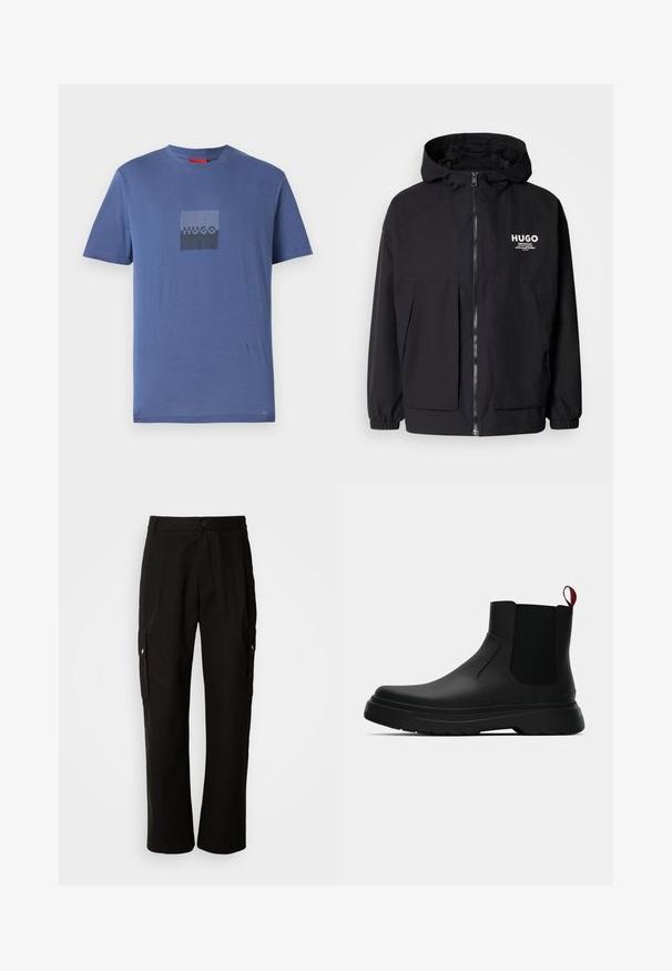 Svart hettegenser med full frontglidelås, elastiske mansjetter og doble frontlommer. Trykt logo på venstre bryst. Glatt tekstur.; Blå t-skjorte laget av myk bomull, med et firkantet logo i mørkegrått med "HUGO"-tekst i sentrum, korte ermer og rund hals.; Svart cargobukse laget av bomull med avslappet passform, med sidelommer, knappeåpning og rette ben. Enkelt design uten mønstre.; Sorte ankelstøvler med en glat overflade, elastiske sidepaneler og en kontrastfyldt rød trækflik, med en tykk gummisål og rund tå.