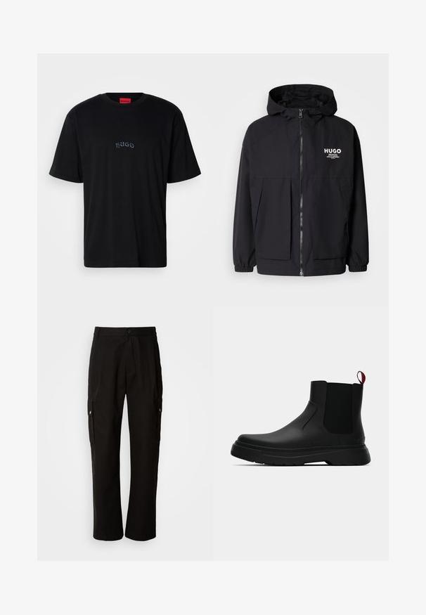 Černá kapucňová bunda s plným předním zipem, elastickými manžetami a dvojitými předními kapsami. Tištěné logo na levém prsu. Hladká textura.; Černé tričko s krátkým rukávem, na kterém je na středu hrudi vyšitý nápis "HUGO" v malých stylizovaných písmenech, a červená etiketa uvnitř límce.; Černé cargo kalhoty vyrobené z bavlny s uvolněným střihem, vybavené bočními kapsami, zapínáním na knoflík a rovnými nohavicemi. Jednoduchý design bez vzorů.; Černé kotníkové boty s hladkým povrchem, elastickými bočními panely a kontrastním červeným poutkem, s tlustou gumovou podrážkou a zaoblenou špičkou.