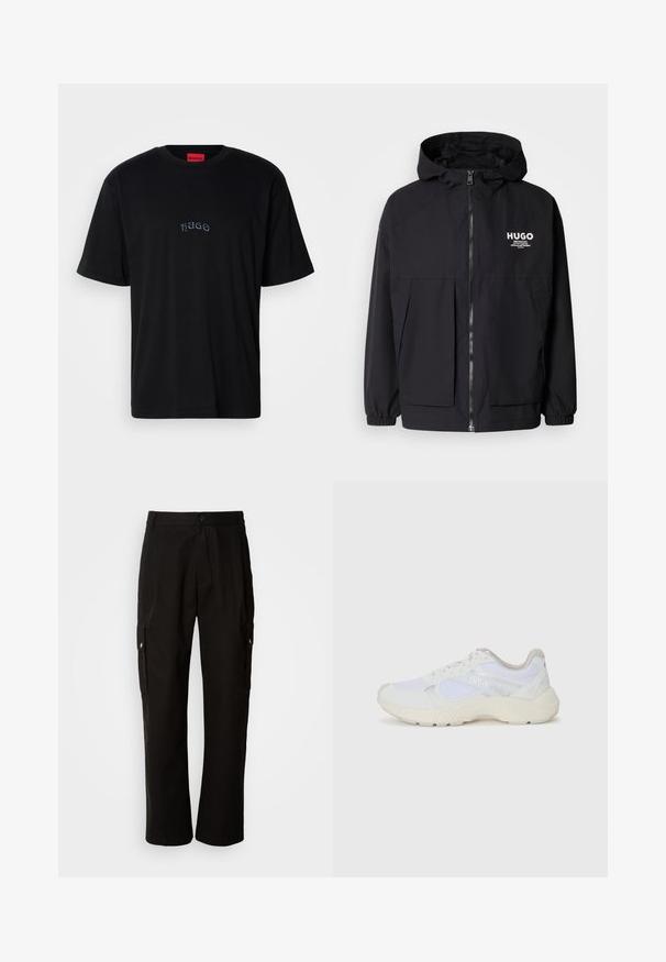 Black hooded jacket featuring a full front zip, elastic cuffs, and dual front pockets. Printed logo on the left chest. Smooth texture.; Black short-sleeve T-shirt with "HUGO" embroidered in small, stylized letters on the center chest and red label inside the collar.; Black cargo pants made of cotton with a relaxed fit, featuring side pockets, a button closure, and straight legs. Simple design without patterns.; White athletic shoes made of mesh and suede, featuring a textured midsole, textured accents, and "HUGO" logo on the side.