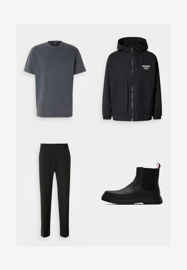 Juodas gobtuvas striukė su pilnu priekiniu užtrauktuku, elastinėmis rankovėmis ir dviem priekinėmis kišenėmis. Spausdintas logo ant kairės krūtinės. Lygus tekstūruotas paviršius.; Pilkas trumpas rankovėmis marškinėliai, pagaminti iš medvilnės. Turi apvalią iškirptę ir laisvą kirpimą. Minimalistinė dizaino koncepcija be raštų ar grafikų.; Juodi kelnes, pagamintos iš lygaus audinio, su tiesiomis kojomis, mygtuko uždarymu ir klasikiniu dizainu, tinkamu tiek formaliai, tiek kasdienei aprangai.; Juodas kulkšninis batas su lygiu paviršiumi, elastiniais šonų intarpais ir kontrastingu raudonu kilimėliu, turintis storą guminį pado ir apvalią nosį.