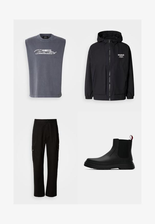 Svart hettegenser med full frontglidelås, elastiske mansjetter og doble frontlommer. Trykt logo på venstre bryst. Glatt tekstur.; Grå ermeløs T-skjorte laget av myk stoff, med rund hals og et trykt design med "CITY SUMMER Paradise" i hvitt.; Svart cargobukse laget av bomull med avslappet passform, med sidelommer, knappeåpning og rette ben. Enkelt design uten mønstre.; Sorte ankelstøvler med en glat overflade, elastiske sidepaneler og en kontrastfyldt rød trækflik, med en tykk gummisål og rund tå.