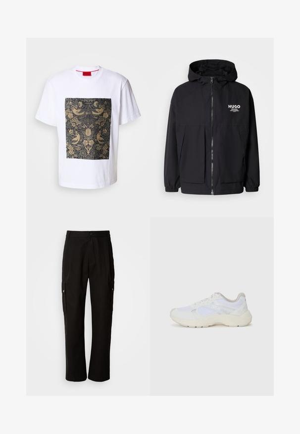 Svart hettegenser med full frontglidelås, elastiske mansjetter og doble frontlommer. Trykt logo på venstre bryst. Glatt tekstur.; Hvit bomulls T-skjorte med et kvadratisk mørkt blomsterdesign med gyldne detaljer og fuglemotiver. Merket "HUGO" øverst i designet.; Svart cargobukse laget av bomull med avslappet passform, med sidelommer, knappeåpning og rette ben. Enkelt design uten mønstre.; Hvit idrettssko laget av mesh og skinn, med en teksturert mellomsåle, teksturerte detaljer og "HUGO"-logo på siden.