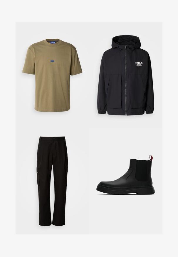 Fekete kapucnis dzseki, teljes elülső cipzárral, elasztikus mandzsettákkal és két elülső zsebbel. Nyomtatott logó a bal mellen. Simább textúra.; Olívazöld pamut póló, kerek nyakkivágású, rövid ujjú, az elején egy kék téglalap alakú logó található "HUGO" felirattal, sima tapintású.; Fekete vászont nadrág laza szabással, oldalsó zsebekkel, gombos záródással és egyenes lábakkal. Egyszerű minta nélküli design.; Fekete bokacipő sima felülettel, ruganyos oldalsó panelek és kontrasztos piros húzópánt jellemzi, vastag gumitalppal és lekerekített orral.
