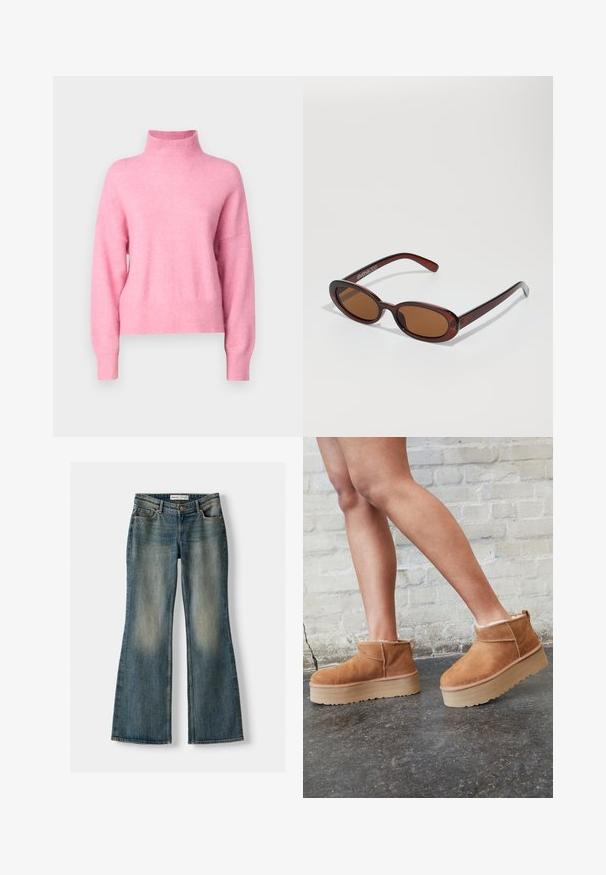 Modra teksturirana bunda s ravnim silhuetom, velikimi reversi in petimi črnimi gumbi. Ima zvite manšete in črno notranjost.; Roza turtlenecka majica je iz nežne, teksturirane tkanine, z spušenimi rameni ter rebrastim robom in manšetami, kar omogoča sproščen kroj.; Modre razširjene kavbojke z zbledelim pranjem, petimi žepi in gumbom za zapiranje. Material ima teksturo džinsa z diskretnimi šivi.; Rjavi semiš škornji do gležnjev s puhastim podlogo, debelim bež platformnim podplatom in zanko na zadnji strani. Teksturirana površina z vidnimi šivi.; Okrogle, rjavo obarvane sončne naočare z sijočim burgundskim okvirjem. Tanek nosilec s subtilnim logotipom. Oblika leč je ravna.